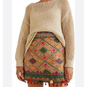 Mango Casual Mini‎ Skirt Embroidered Geometric PomPom Trim Boho Festival